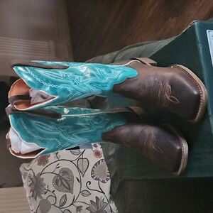 Buck & Brana Fedra Leather Cowgirl Turquoise and Brown Western Cowboy Boots